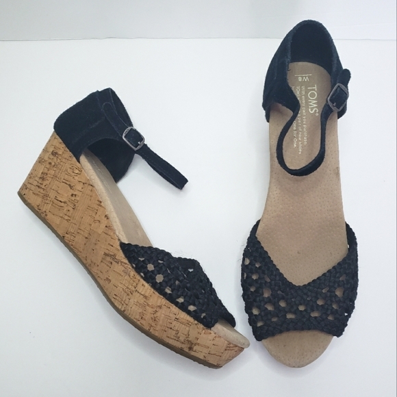 Toms Black Wedge Sandals - Picture 1 of 9